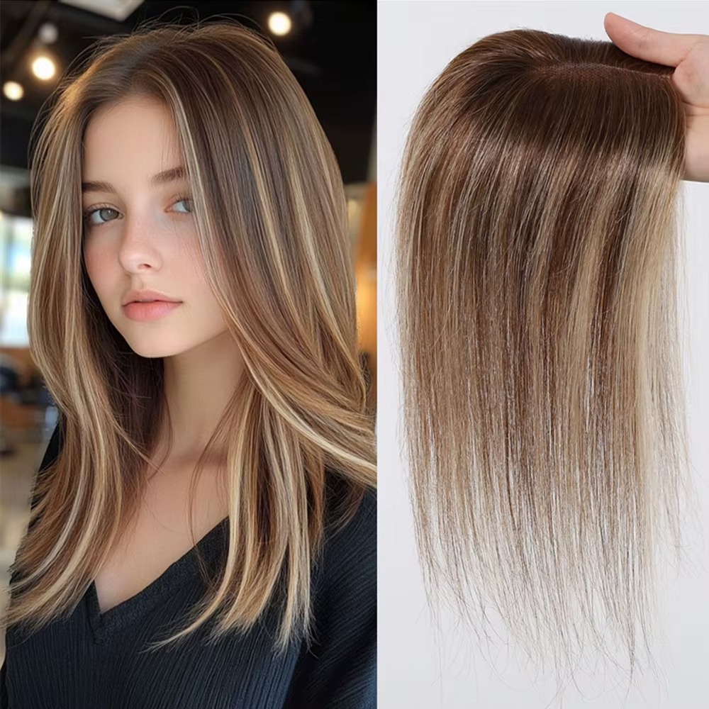 Seamless Clip In Hair Extensions Human Hair - 100% echt haar toppers bruin hoogtepunt