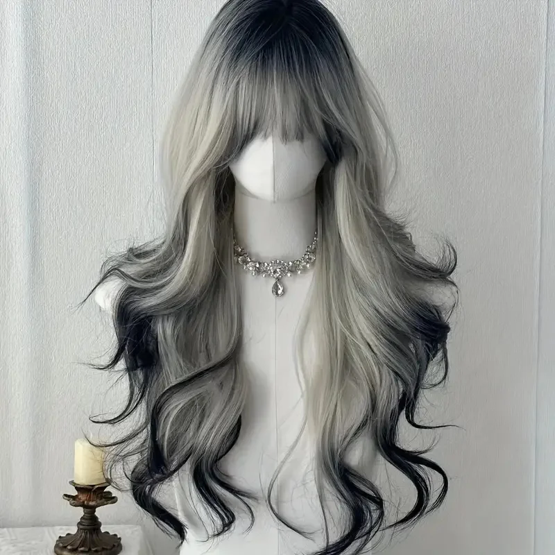 Synthetic Wigs - 26 inch lange, zwart-witte, krullende golvende